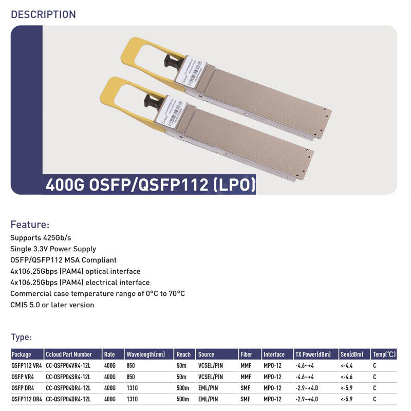 400G QSFP112 SR4 Hot-Plug Multimode Fiber Optic Transceiver 100m ارتباط بین المللی برای مراکز داده و ارتباطات بین المللی نوری