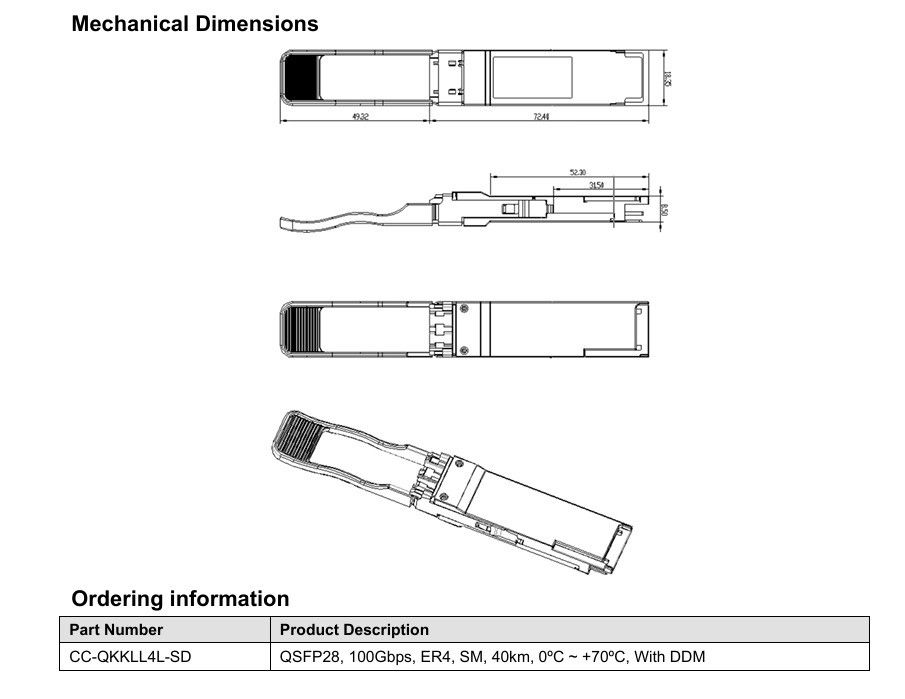 واحد 3.3V منبع برق 100GBase QSFP28 ER4 40KM تجهیزات فیبر نوری دوپلکس LC ماژول گیرنده نوری برای نیازهای شما