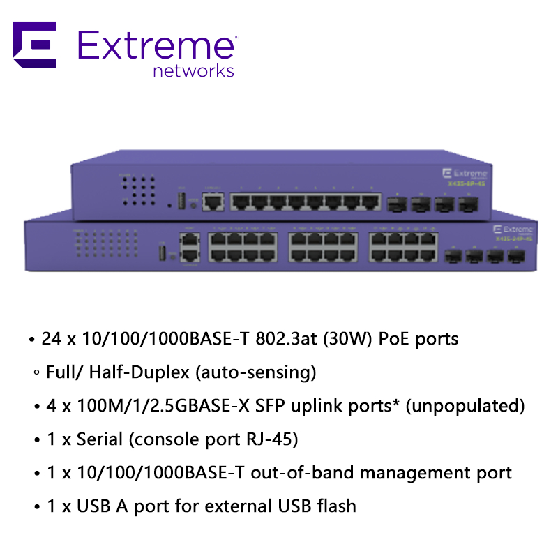 سوئیچ 24P Extreme Networks X435 AVB X435 4S با سرعت 68 گیگابیت بر ثانیه و 50.6 میلیون بسته در ثانیه، نو و اورجینال